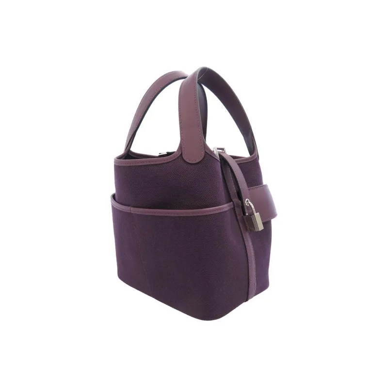 HERMES Picotin Goeland Canvas With Swift Calfskin Canvas Bag Bucket Bag Basket Bag Handbag Women's Black/Grape Purple-2