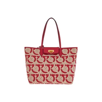 FERRAGAMO GANCINI Fabric With Cow Leather Tote Bag, Shopping Bag, Shoulder Bag, Handbag Women's Red