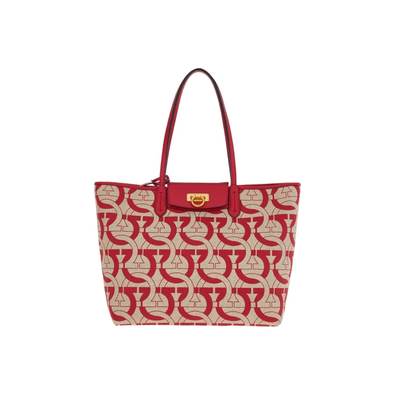 FERRAGAMO GANCINI Fabric With Cow Leather Tote Bag, Shopping Bag, Shoulder Bag, Handbag Women's Red-0