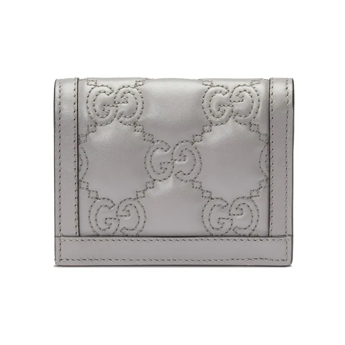 GUCCI GG Matelassé Leather Clutch Card Holder Wallet Trumpets Women's Gray-1