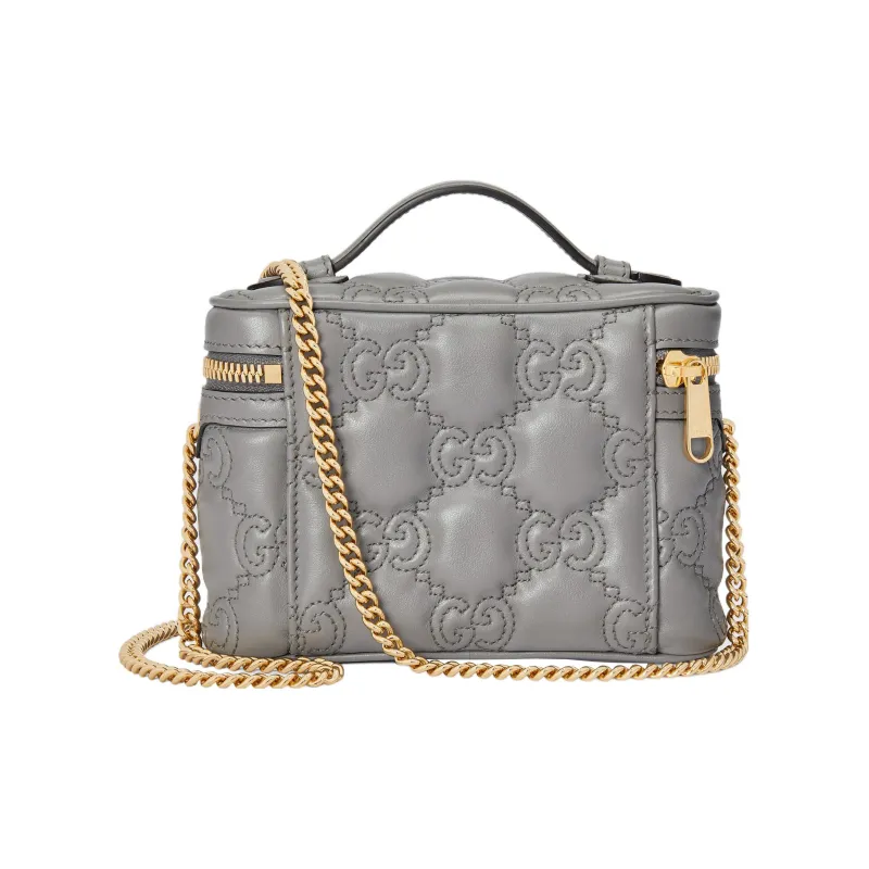GUCCI GG Matelassé Leather Handle Bag Makeup Box Shoulder Bag, Handbag Mini Women's Gray-1