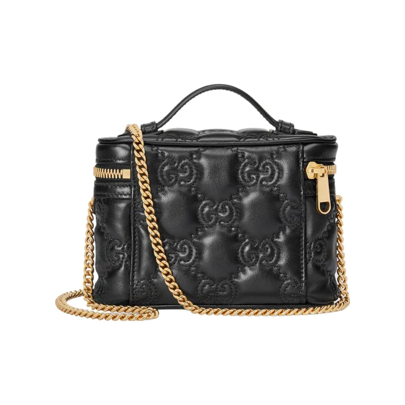 GUCCI GG Matelassé Leather Handle Bag, Makeup Box, Shoulder Bag, Handbag Mini Women's Black-1