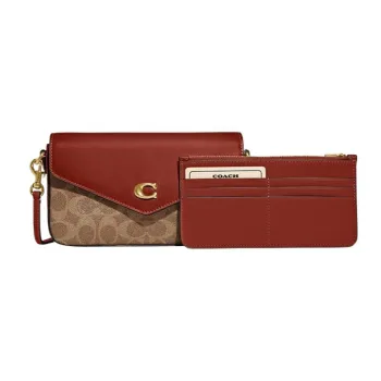 COACH Wyn Canvas With Leather Envelope Bag Shoulder Bag Crossbody Bag Small Size Women's Brown & Rose Red
