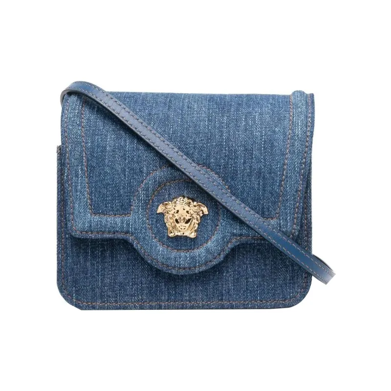 VERSACE La Medusa Cotton With Calfskin Detail Portable One Shoulder Crossbody Bag Women's Marine Blue-1