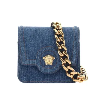 VERSACE La Medusa Cotton With Calfskin Detail Portable One Shoulder Crossbody Bag Women's Marine Blue