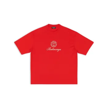 Balenciaga Logo Emblem Round Neck Pullover Short Sleeved T Shirt Loose Fit Style Men's Red