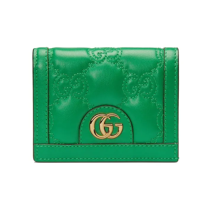 GUCCI GG Matelassé Leather Clutch Card Holder Wallet Trumpets Women's Green-0