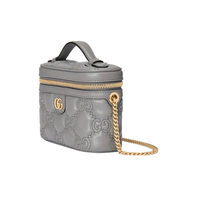 GUCCI GG Matelassé Leather Handle Bag Makeup Box Shoulder Bag, Handbag Mini Women's Gray-2