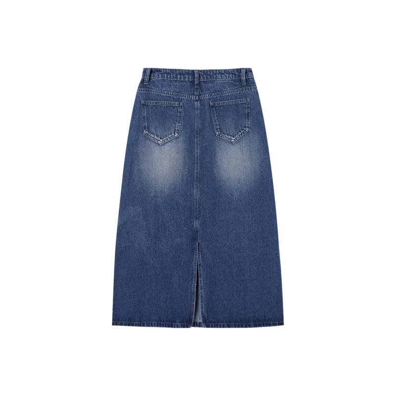 I'M ONE Denim Long Skirts Women's Washed Denim Blue-1
