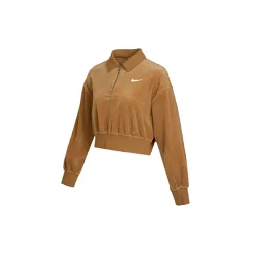 Nike Sportswear Women'ss Corduroy Half-Zip Logo Sweatshirt Brown