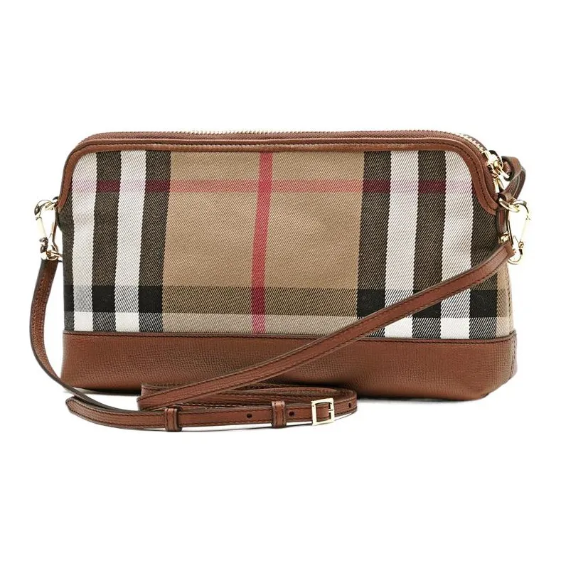 Burberry House Cotton With Calfskin Trim One Shoulder Crossbody Clutches Small Size Women's Tan-1