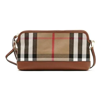 Burberry House Cotton With Calfskin Trim One Shoulder Crossbody Clutches Small Size Women's Tan