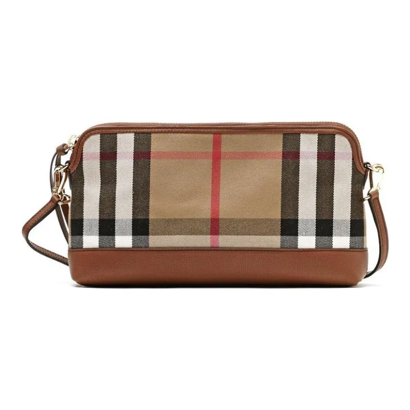 Burberry House Cotton With Calfskin Trim One Shoulder Crossbody Clutches Small Size Women's Tan-0