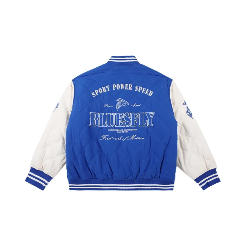 BLUESFLY Letter Colorblock Stand Collar Loose Fit Thickened Puffer Jacket Unisex Blue-1