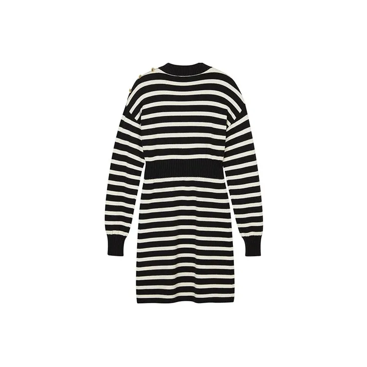 DKNY Long-Sleeved Dresses Women's Black White Stripes-1