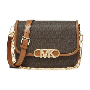 MICHAEL KORS PARKER Coated Canvas Saddle Bag Messenger Bag Crossbody Bag Medium Size Women's Dark Brown & Acorn Brown
