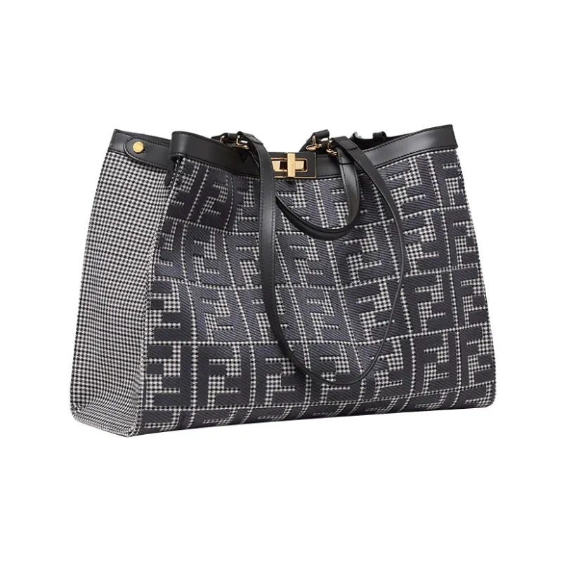 FENDI Fabric Cow Leather Patchwork Tote Bag Shopping Bag Handbag Medium Size Women's Gray-1
