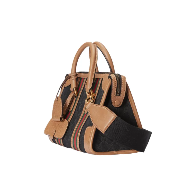 GUCCI Canvas With Leather Trim Travel Bag, Shoulder Bag, Crossbody Bag, Handbag Trumpets Women's Brown/Black-2