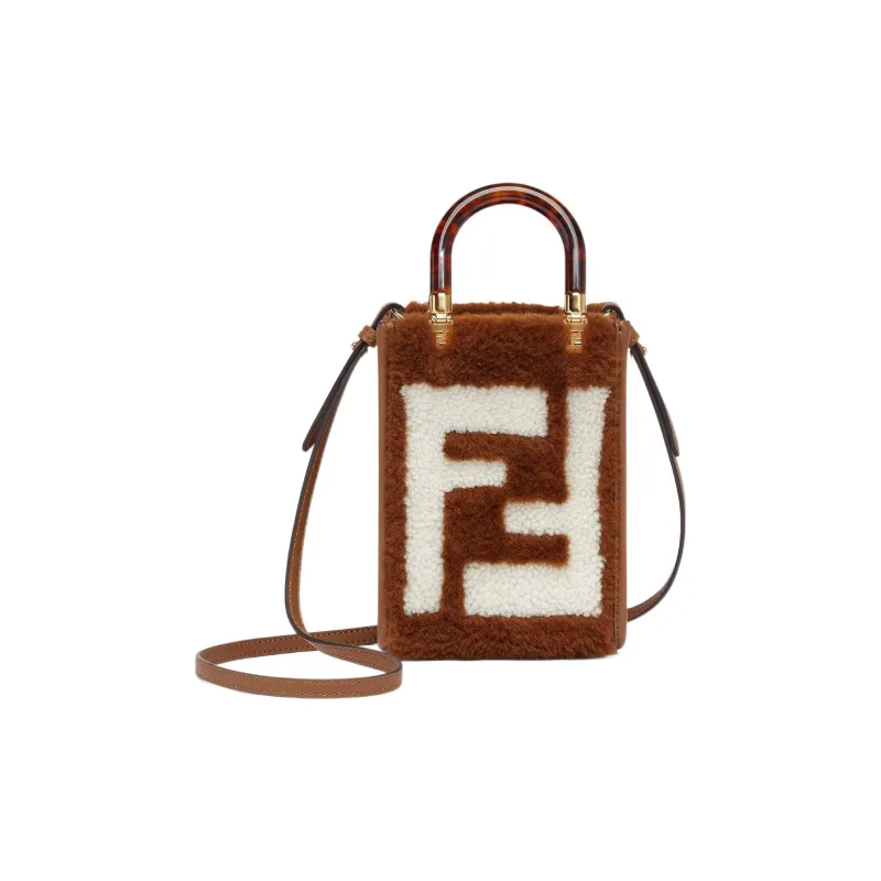 FENDI Sunshine Sheep Wool Leather Patchwork Cell Phone Pouch Handbag Shoulder Bag Crossbody Bag Mini Women's Brown-0