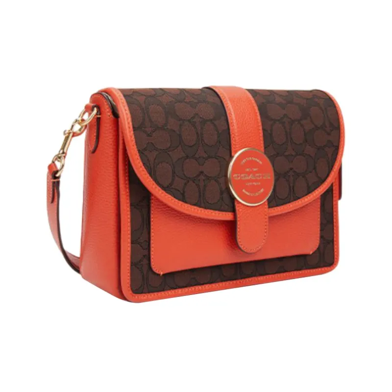 COACH Lonnie Fabric With Cow Leather Small Square Bag Shoulder Bag Crossbody Bag Medium Size Women's Brown & Orange Red-1