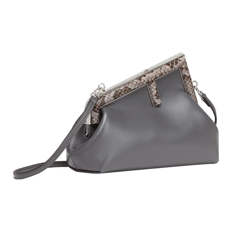 FENDI Fendi First Python Skin With Sheepskin Accents One Shoulder Crossbody Clutches Small Size Women's Gray-3
