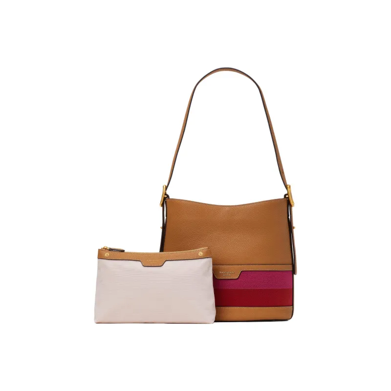 Kate Spade Pebbled Cow Leather With Fabric Handbag Shoulder Bag Women's Caramel Multicolor Red & Purple-2