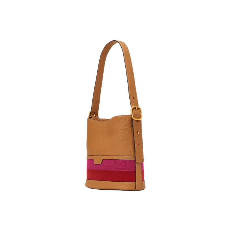 Kate Spade Pebbled Cow Leather With Fabric Handbag Shoulder Bag Women's Caramel Multicolor Red & Purple-1