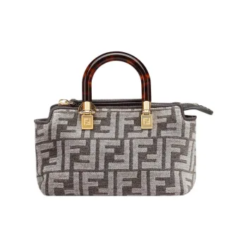 FENDI Fabric Cow Leather Patchwork Boston Bag Handbag Shoulder Bag Crossbody Bag Mini Women's Dark Gray