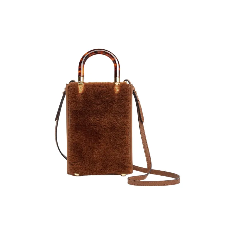 FENDI Sunshine Sheep Wool Leather Patchwork Cell Phone Pouch Handbag Shoulder Bag Crossbody Bag Mini Women's Brown-2