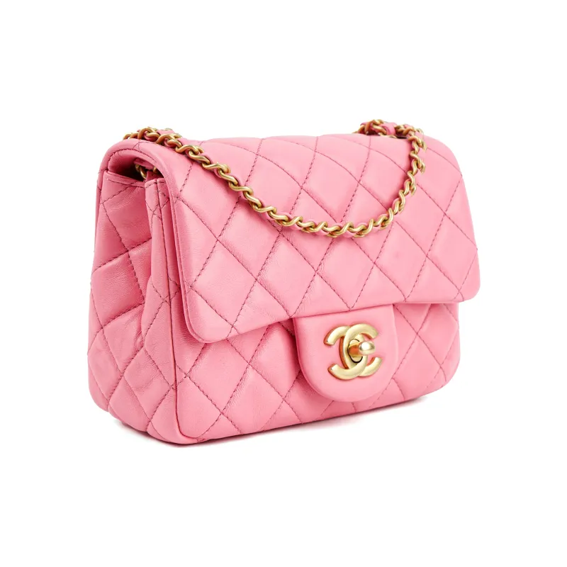 CHANEL Sheepskin Walnut Golden Ball Mini Square Flap Bag, Crossbody Bag, Shoulder Bag Women's Peach Pink-1