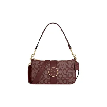 COACH Lonnie Fabric With Cow Leather Baguette Bag, Shoulder Bag, Portable Crossbody Bag Women's Burgundy