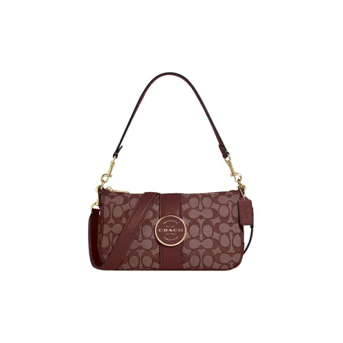 COACH Lonnie Fabric With Cow Leather Baguette Bag Shoulder Bag Portable Crossbody Bag Shoulder Bag Women's Burgundy