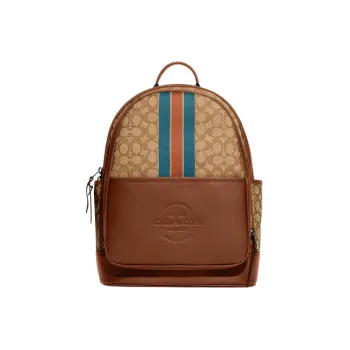 COACH Thompson Iconic Jacquard With Exquisite Pebbled Leather Backpack Large Size Men's Light Khaki & Candy Orange