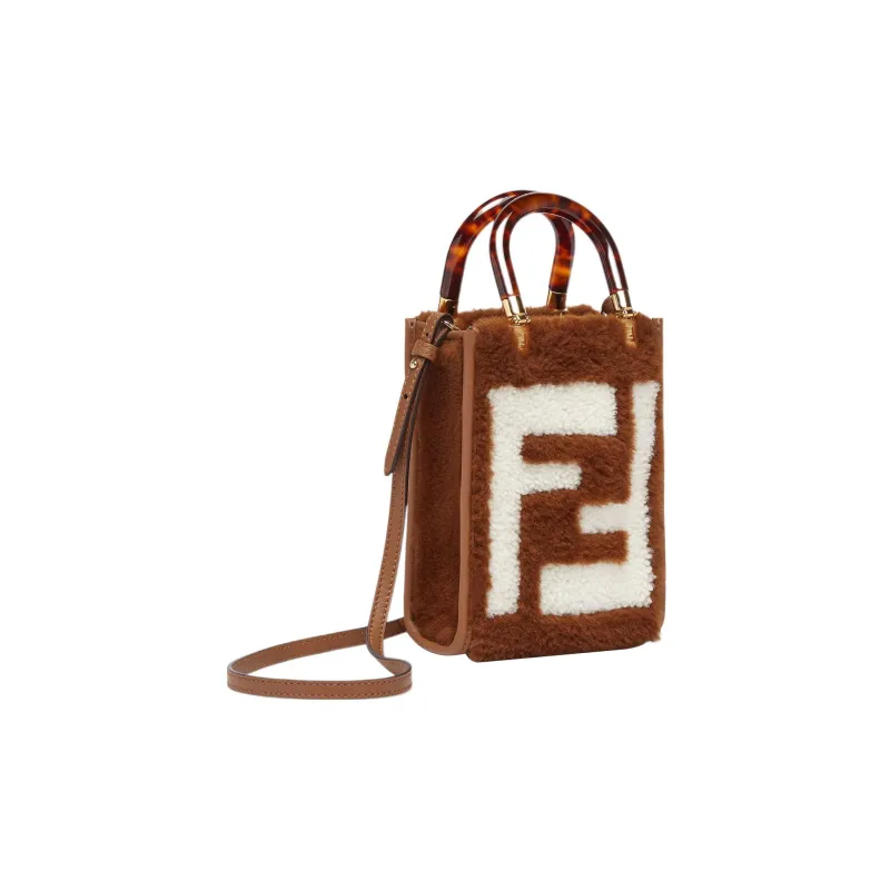 FENDI Sunshine Sheep Wool Leather Patchwork Cell Phone Pouch Handbag Shoulder Bag Crossbody Bag Mini Women's Brown-1