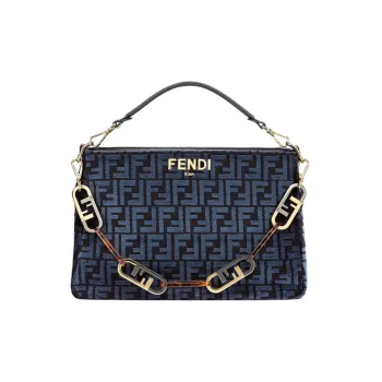 FENDI O'Lock Fabric With Cow Leather One Shoulder Handbag Women's Blue