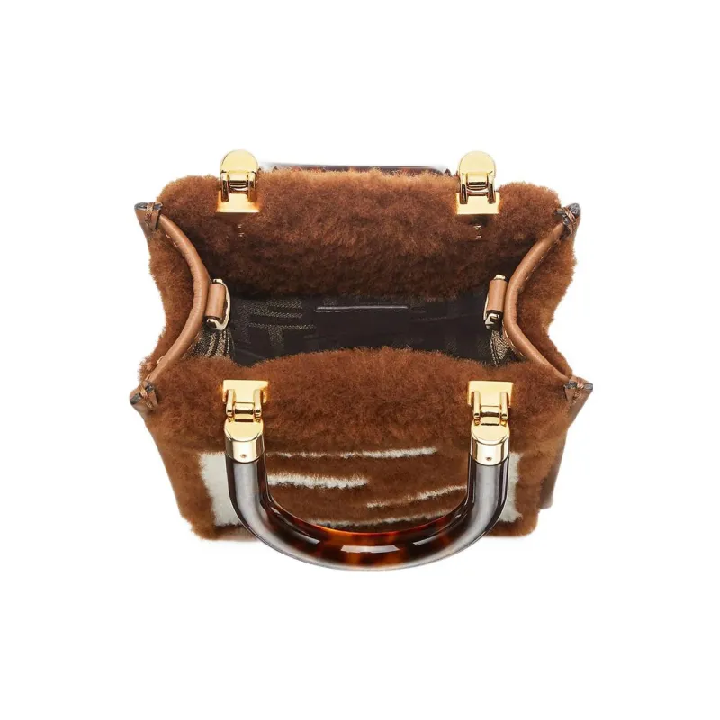 FENDI Sunshine Sheep Wool Leather Patchwork Cell Phone Pouch Handbag Shoulder Bag Crossbody Bag Mini Women's Brown-3