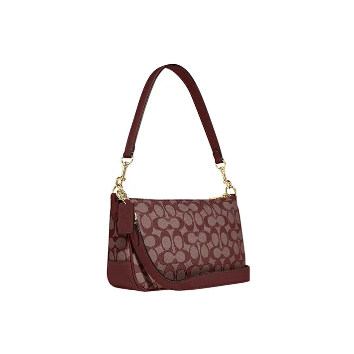 COACH Lonnie Fabric With Cow Leather Baguette Bag, Shoulder Bag, Portable Crossbody Bag Women's Burgundy-1