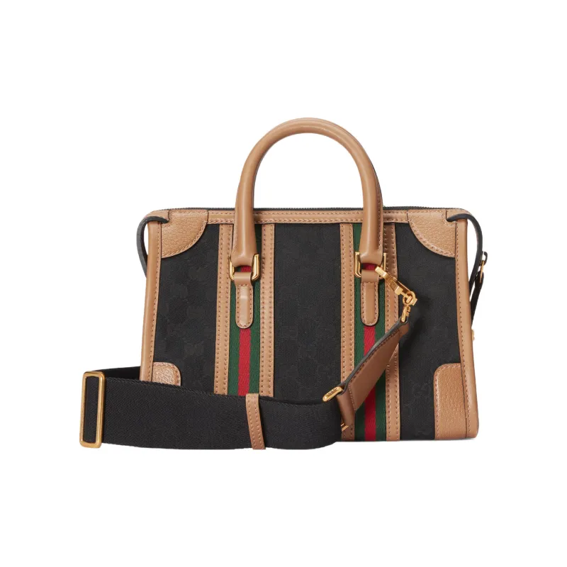 GUCCI Canvas With Leather Trim Travel Bag, Shoulder Bag, Crossbody Bag, Handbag Trumpets Women's Brown/Black-1