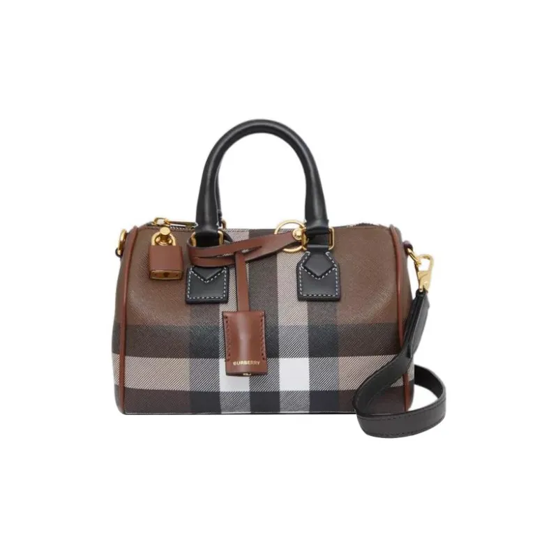 Burberry Check And Leather Bowling Bag Mini Dark Birch Brown-0