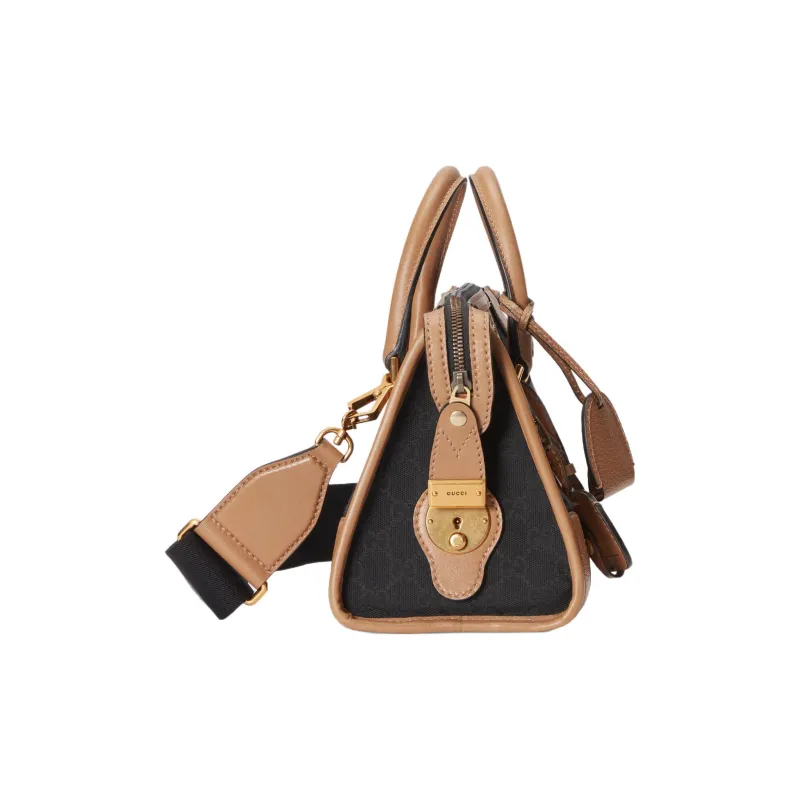 GUCCI Canvas With Leather Trim Travel Bag, Shoulder Bag, Crossbody Bag, Handbag Trumpets Women's Brown/Black-3
