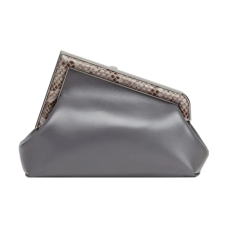 FENDI Fendi First Python Skin With Sheepskin Accents One Shoulder Crossbody Clutches Small Size Women's Gray-1