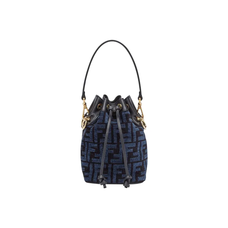 FENDI Mon Tresor Fabric Cow Leather Patchwork Bucket Bags Shoulder Bag Crossbody Bag Handbag Mini Women's Blue-0