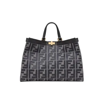FENDI Fabric Cow Leather Patchwork Tote Bag Shopping Bag Handbag Medium Size Women's Gray