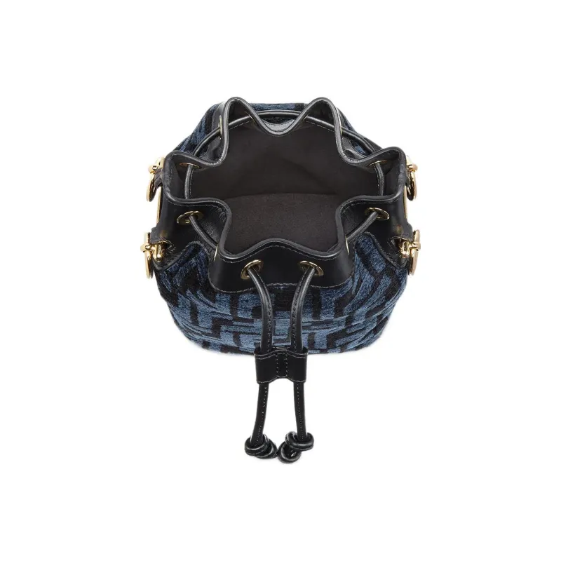 FENDI Mon Tresor Fabric Cow Leather Patchwork Bucket Bags Shoulder Bag Crossbody Bag Handbag Mini Women's Blue-3