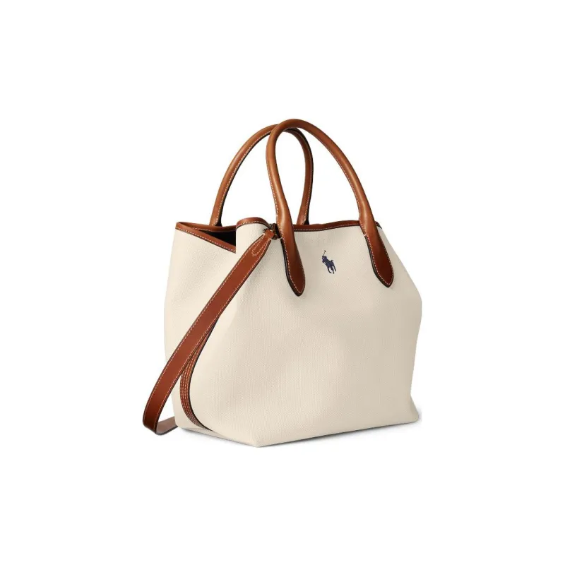 Polo Ralph Lauren Fabric Tote Bag Shopping Bag Shoulder Bag Crossbody Bag Handbag Medium Size Women's Beige-1
