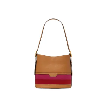 Kate Spade Pebbled Cow Leather With Fabric Handbag Shoulder Bag Women's Caramel Multicolor Red & Purple