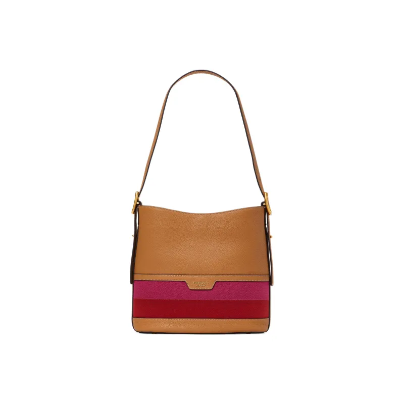 Kate Spade Pebbled Cow Leather With Fabric Handbag Shoulder Bag Women's Caramel Multicolor Red & Purple-0