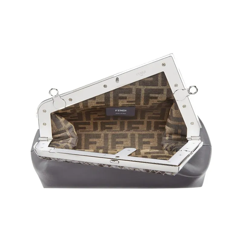 FENDI Fendi First Python Skin With Sheepskin Accents One Shoulder Crossbody Clutches Small Size Women's Gray-2