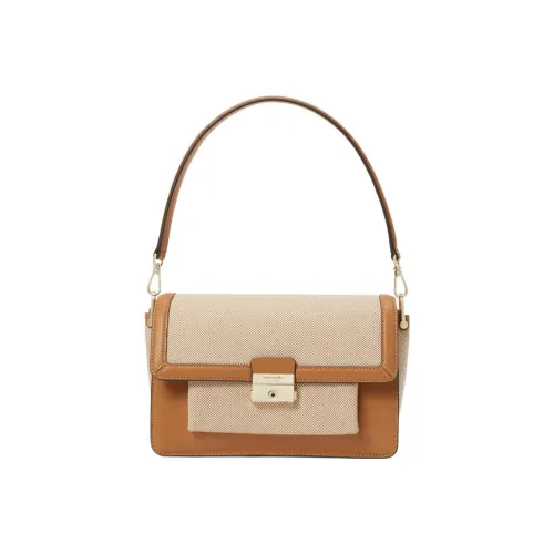 Kate Spade Fabric Bonded Split Cow Leather Trunk Bag Handbag Shoulder Bag Women's Brown & Linen Yellow