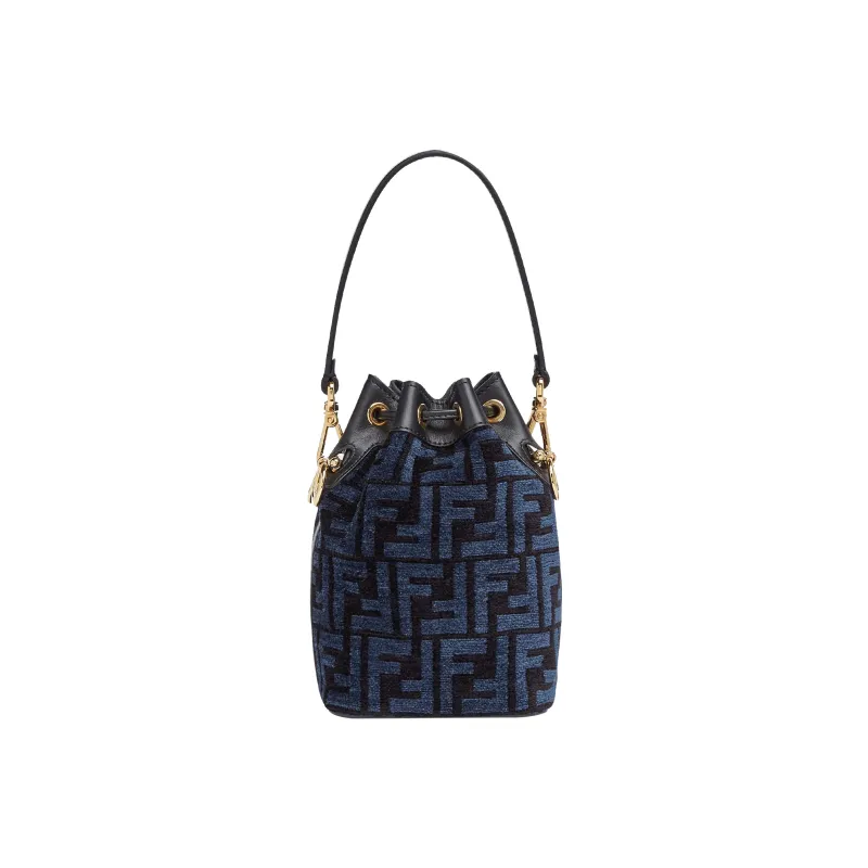 FENDI Mon Tresor Fabric Cow Leather Patchwork Bucket Bags Shoulder Bag Crossbody Bag Handbag Mini Women's Blue-2